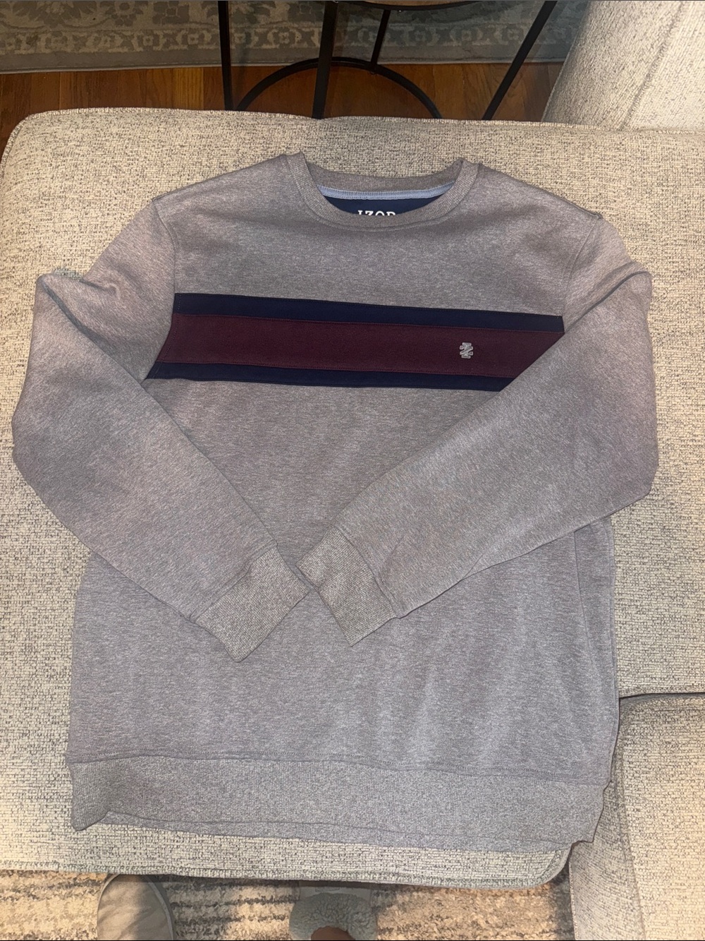 Izod Heather Gray Fleece lined Crewneck with Burgundy and Navy Chest Stripe